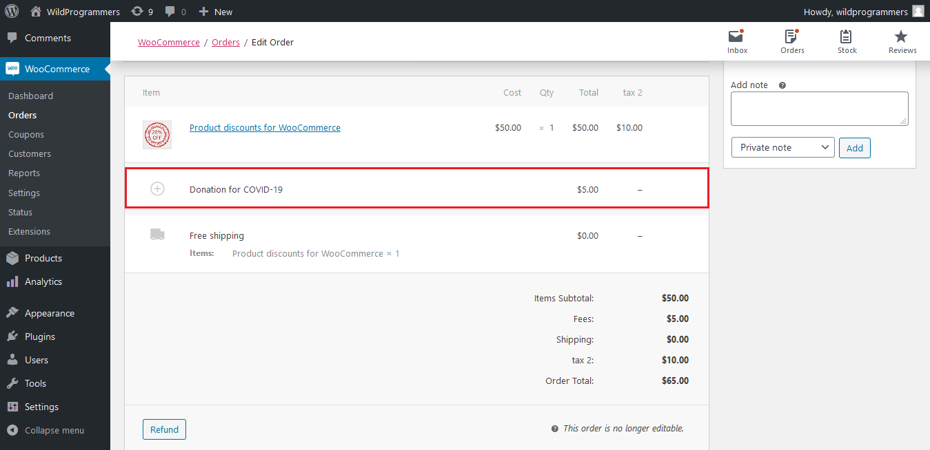 WooCommerce Donation & Tip - Order Edit Page
