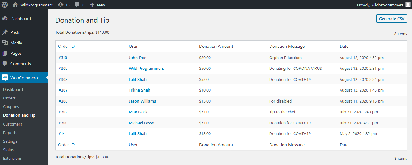 WooCommerce Donation & Tip - Report Page