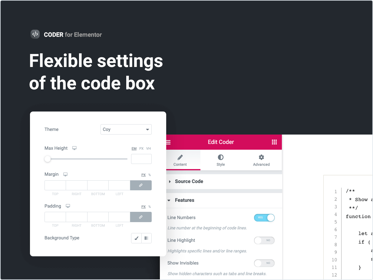 Flexible settings of the code box