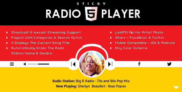 sticky radio player full width shoutcast and icecast html5 player