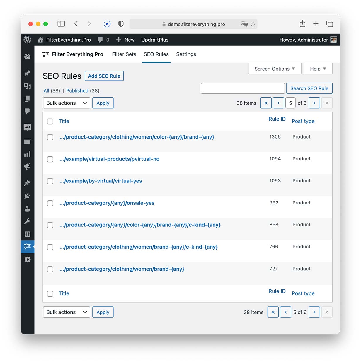 Filter Everything - WooCommerce Product Filter SEO Rules admin list