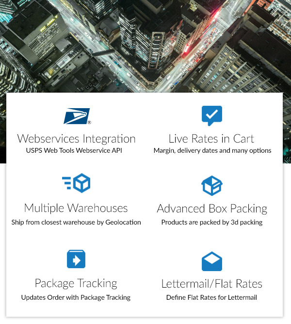 Features include: USPS Webservices Integration, Live Rates in Cart, Multiple Warehouses, Advanced Box Packing, Package Tracking and Lettermail / Flat Rates