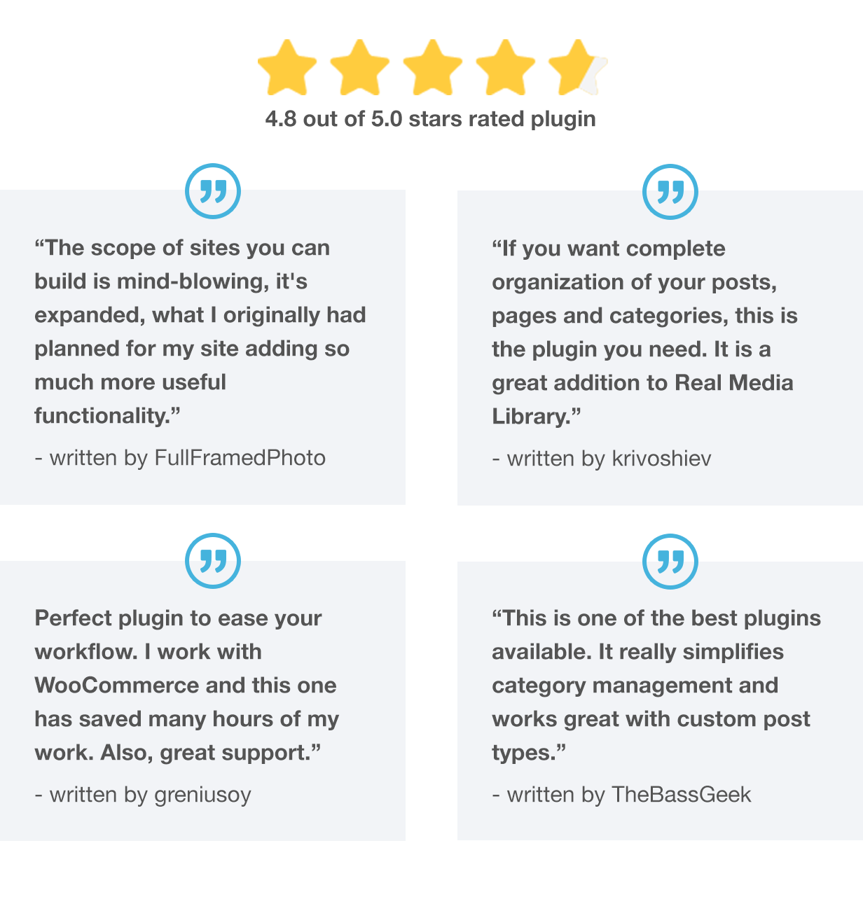 Top rated WordPress plugin: 4.8 out of 5.0 stars rated plugin. What customer says: “The scope of sites you can build is mind-blowing, it’s expanded, what I originally had planned for my site adding so much more useful functionality.” written by FullFramedPhoto; “If you want complete organization of your posts, pages and categories, this is the plugin you need. It is a great addition to Real Media Library.” written by krivoshiev; “Perfect plugin to ease your workflow. I work with WooCommerce and this one has saved many hours of my work. Also, great support.” written by greniusoy