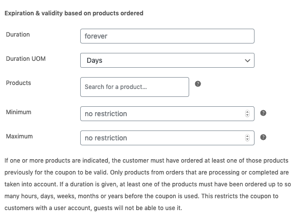 Coupon expiration and validity based on products ordered