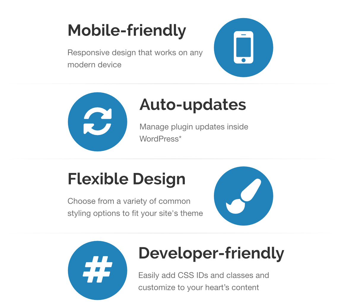 More Features - Mobile-friendly, Auto-updates, Flexible Design, Developer-friendly