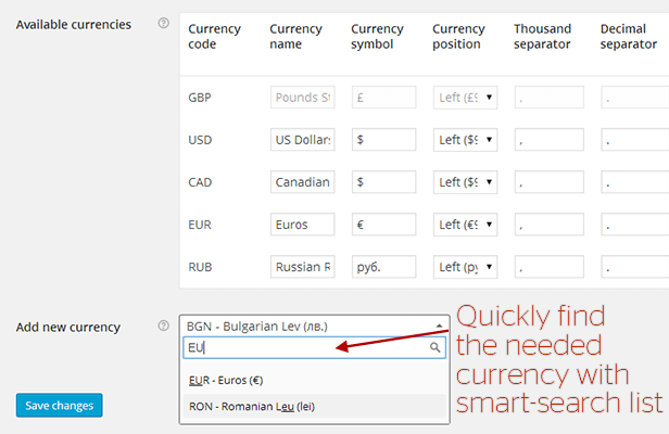WooCommerce All in One Currency Converter - settings screen
