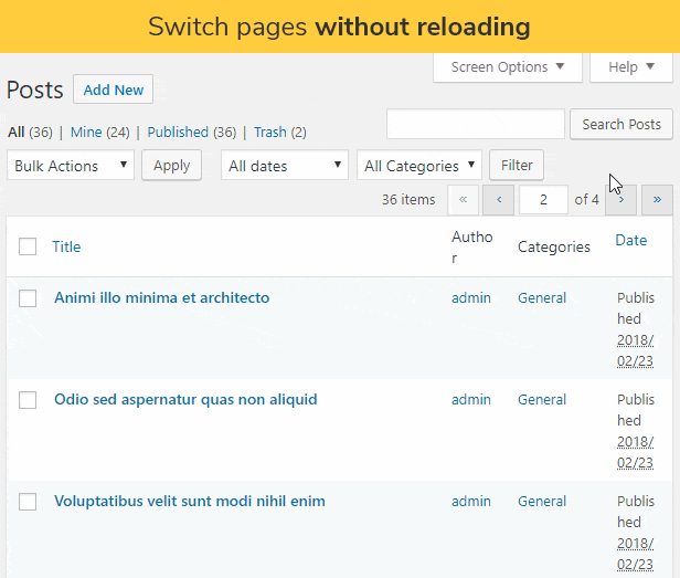Switch pages without reloading: Browse your large content library faster by changing only the contents of the content table, but not reloading the whole page