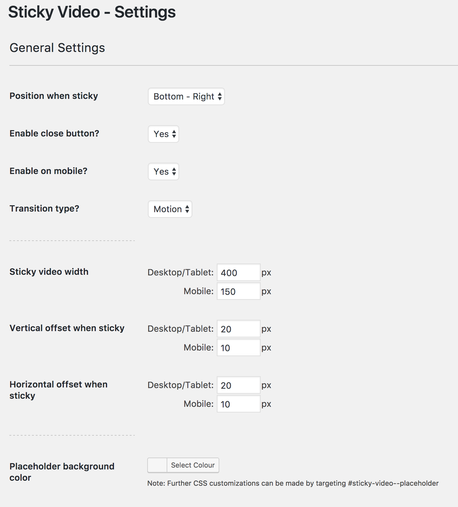 Sticky Video General Settings