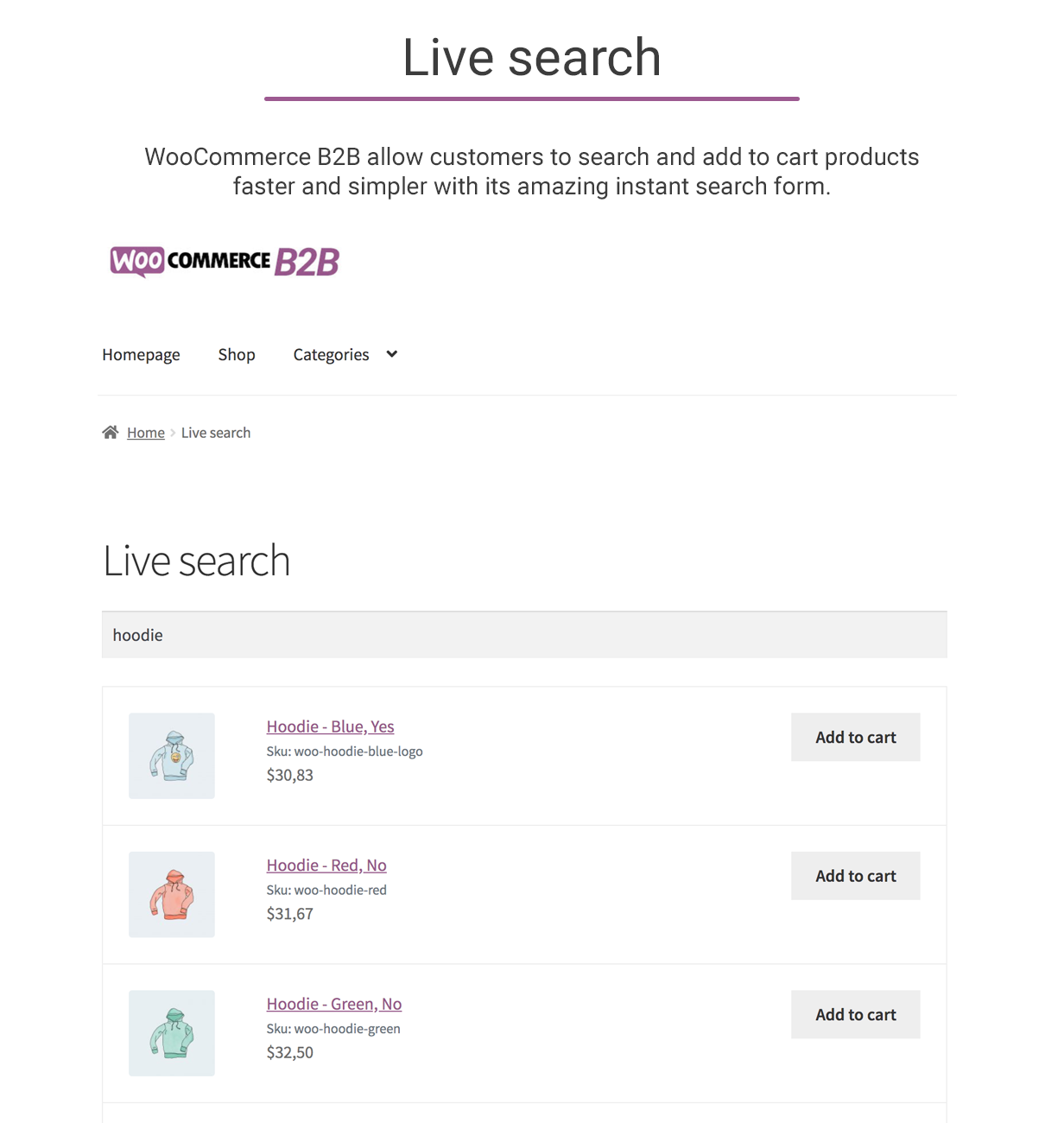 WooCommerce B2B - Live search
