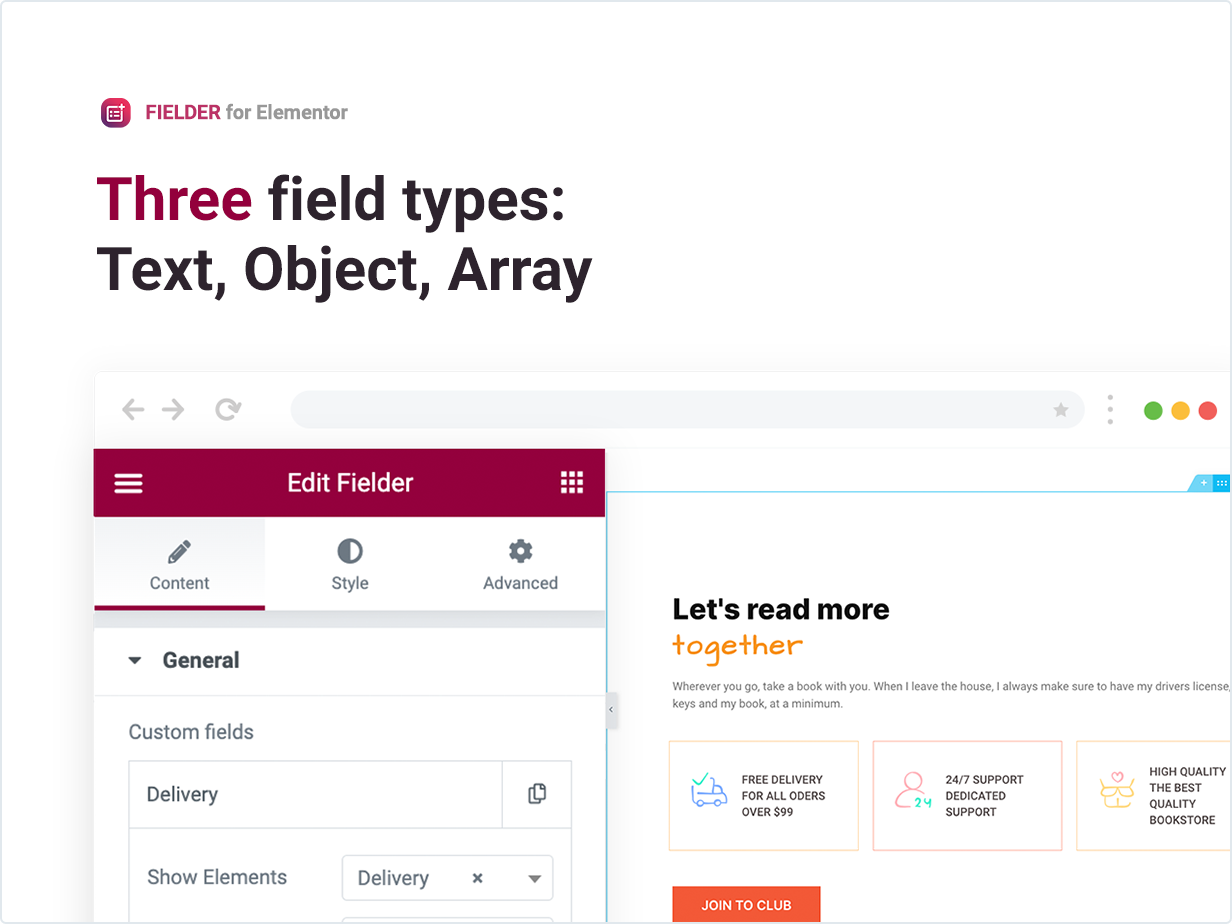 Three field types: Text, Object, Array 