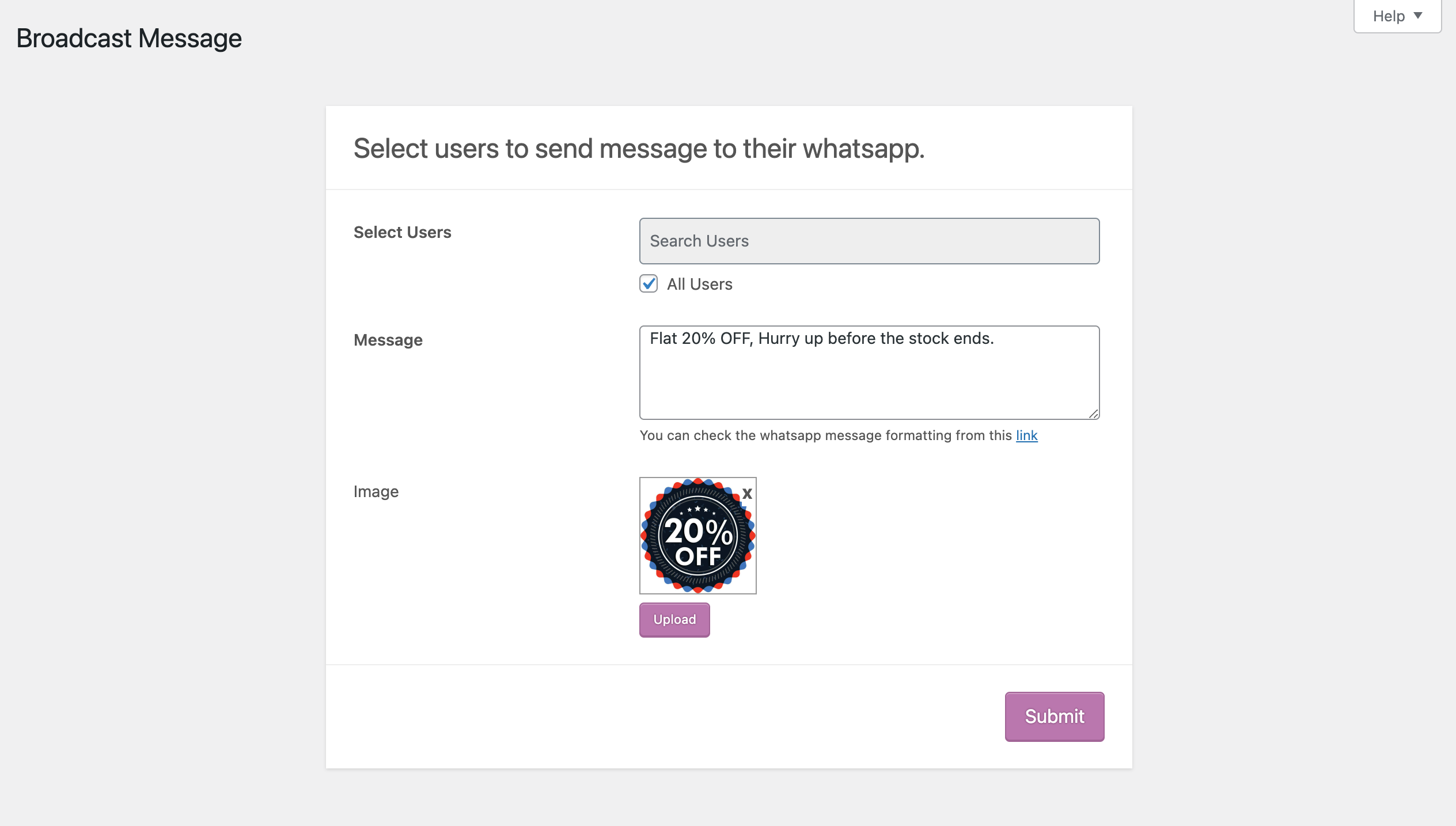 WooCommerce Ultimate WhatsApp Solution broadcast message page