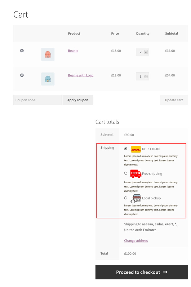 Shipping icons and description display on cart page