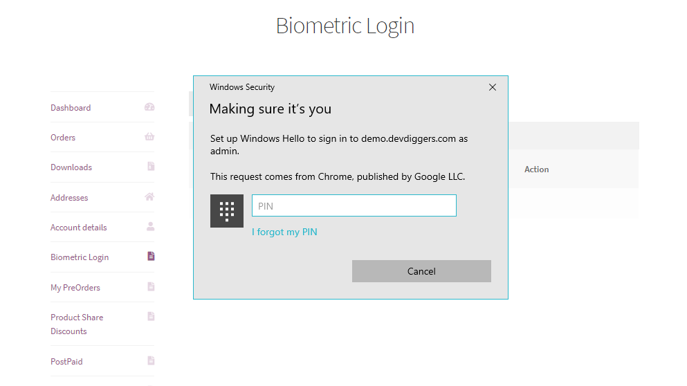 WooCommerce Biometric Login add biometric detail