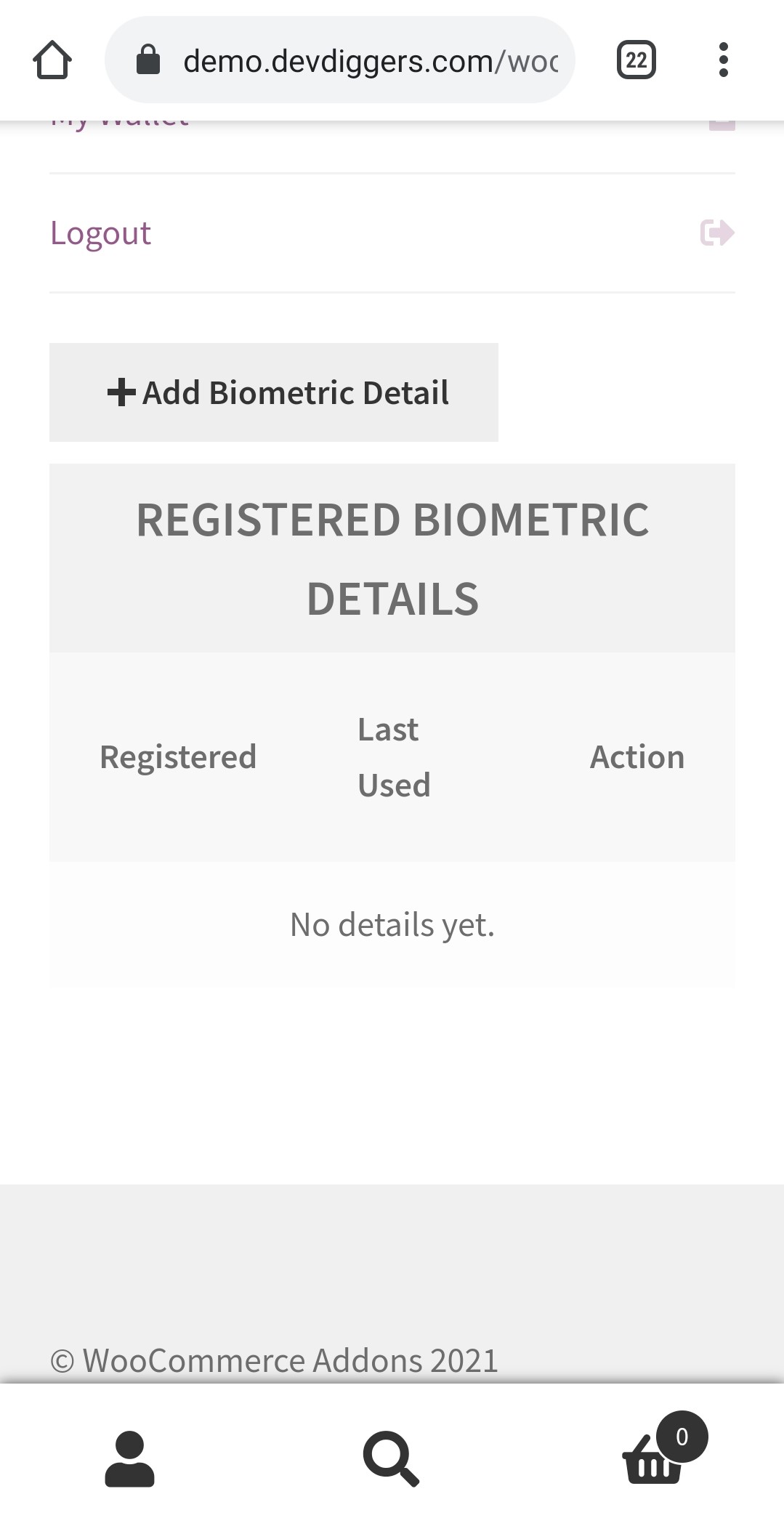 WooCommerce Biometric Login my accounts page