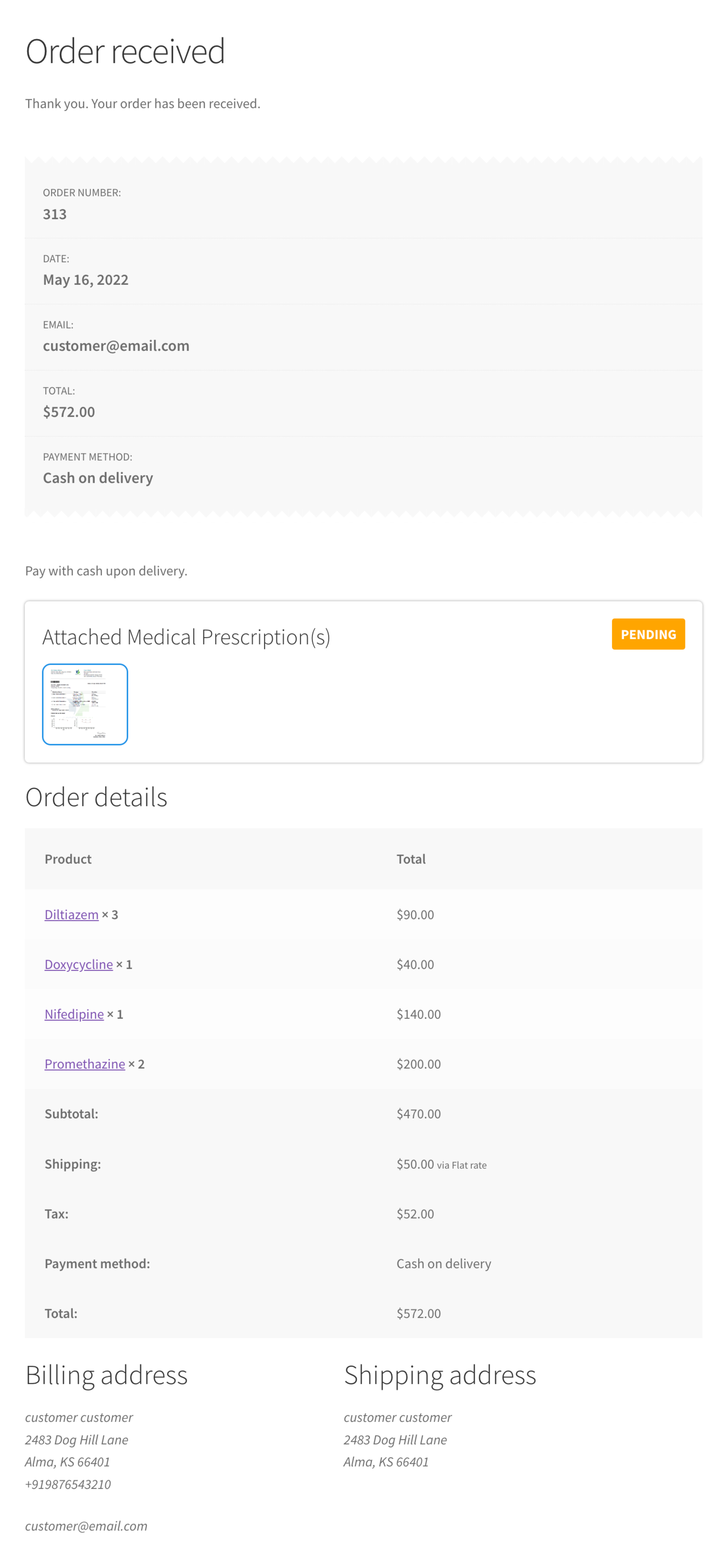 WooCommerce Medical Prescription Attachment Order Received Page