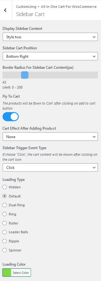 WooCommerce All In One Cart Sidebar Cart Customizer Controls
