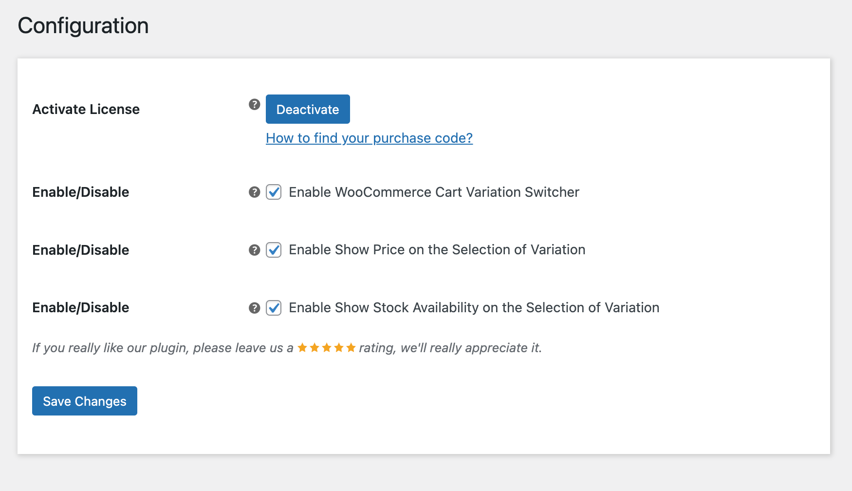 WooCommerce Cart Variation Switcher configuration page
