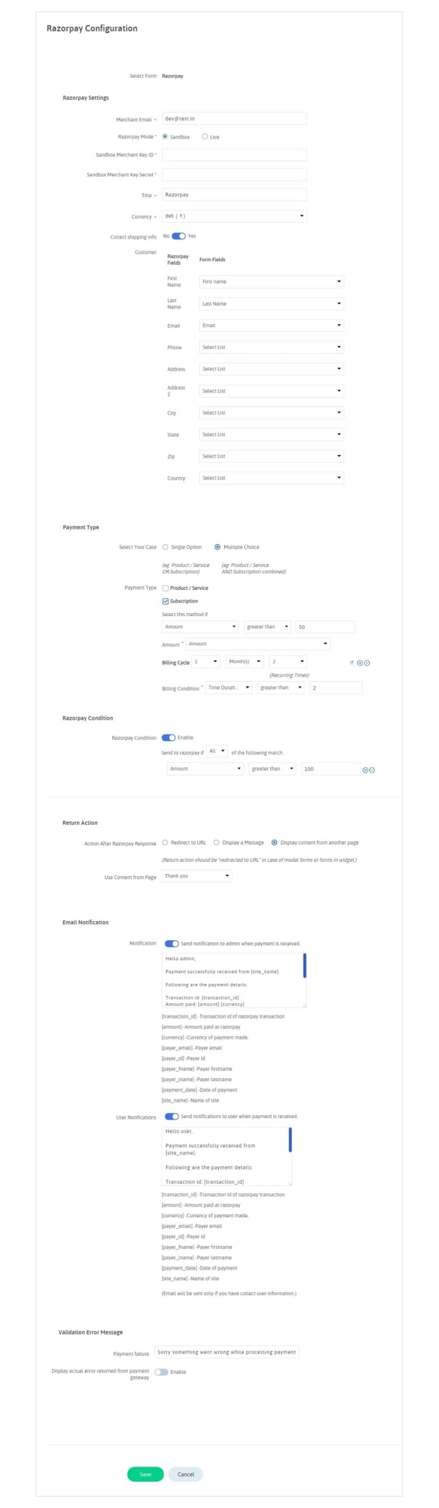 Razorpay integration with ARForms - 2