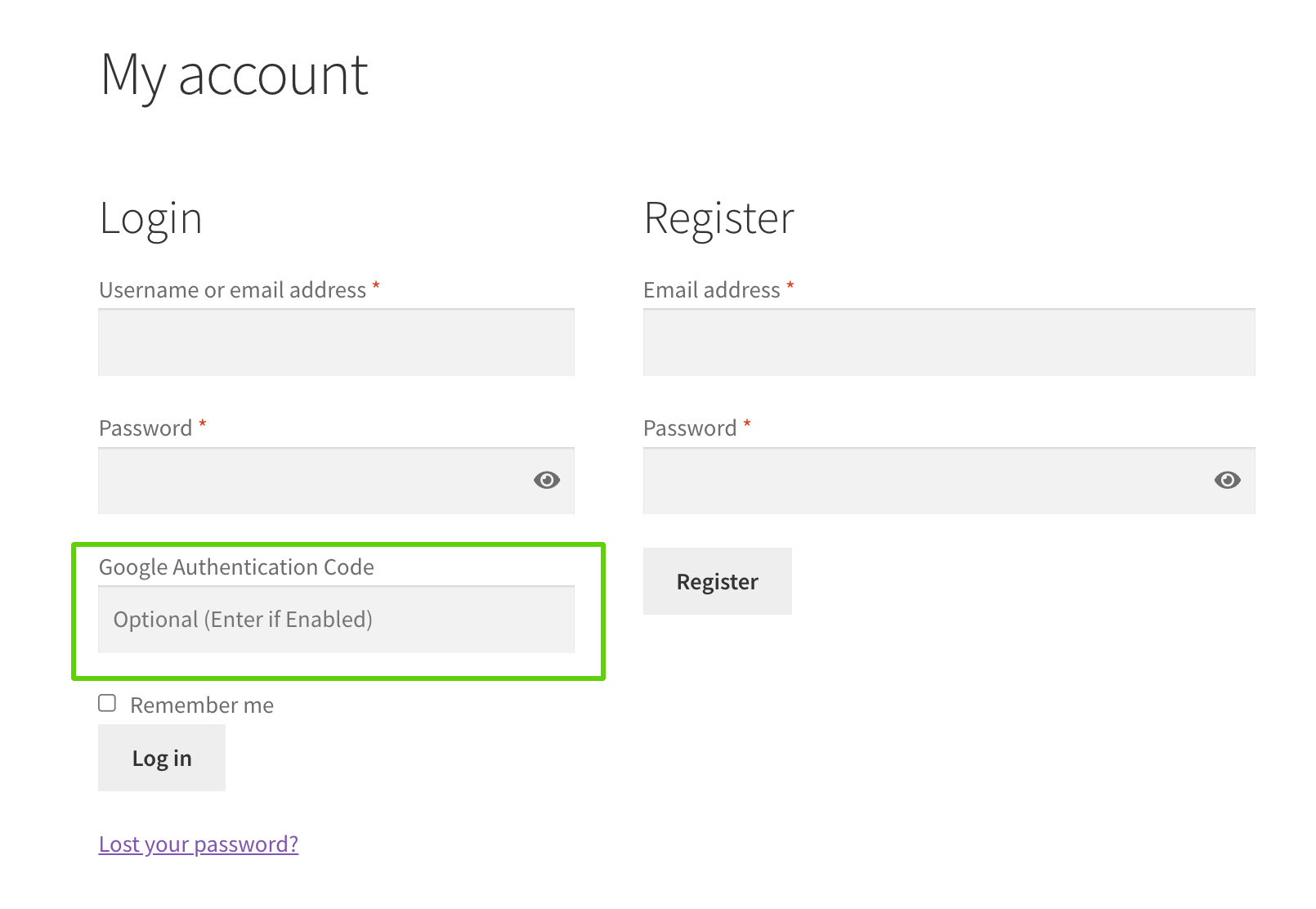WooCommerce Google Authenticator login form