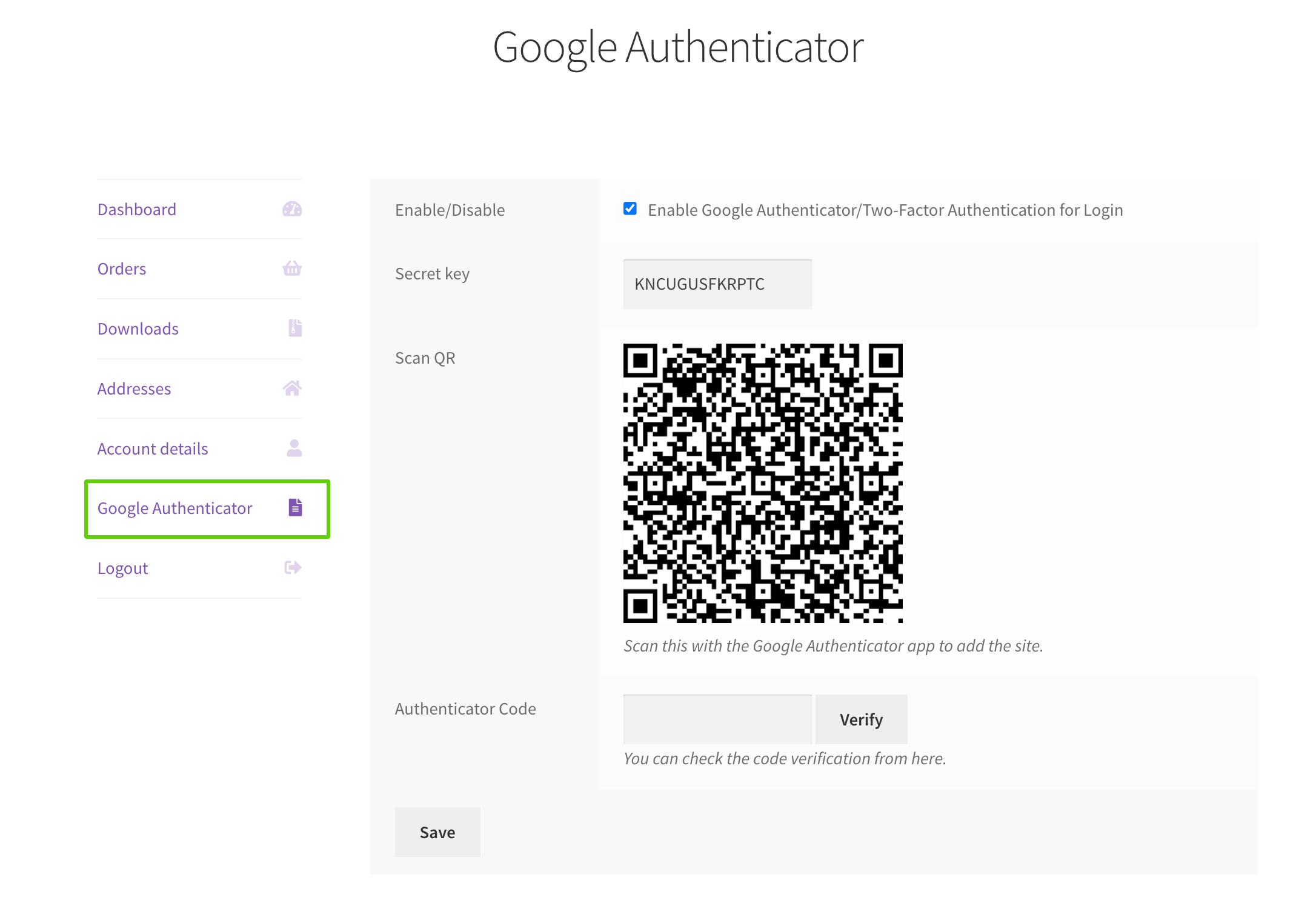 WooCommerce Google Authenticator my accounts page